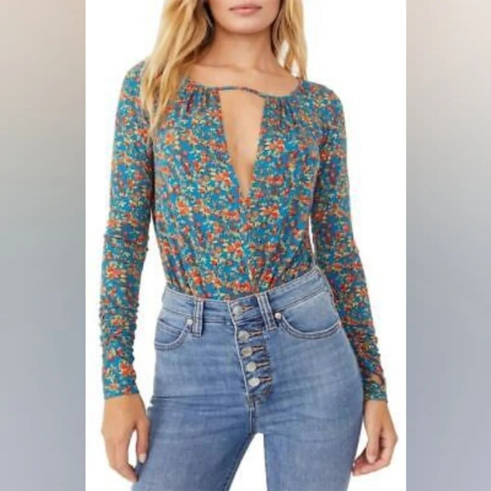 NWT Free People Kaya Print Cutout Bodysuit in Turquoise Combo Small